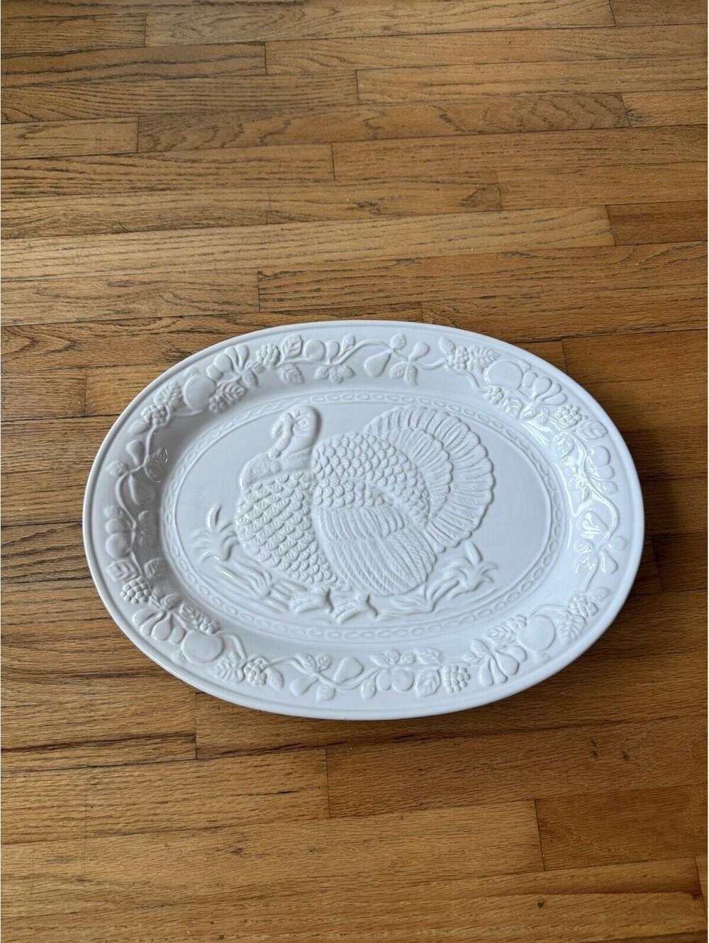 Vintage White Ceramic Oval Turkey Platter Embossed Thanksgiving 19x14 Gibson